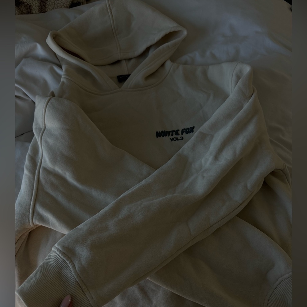 White Fox Boutique Cream Hoodie with Small Black Logo